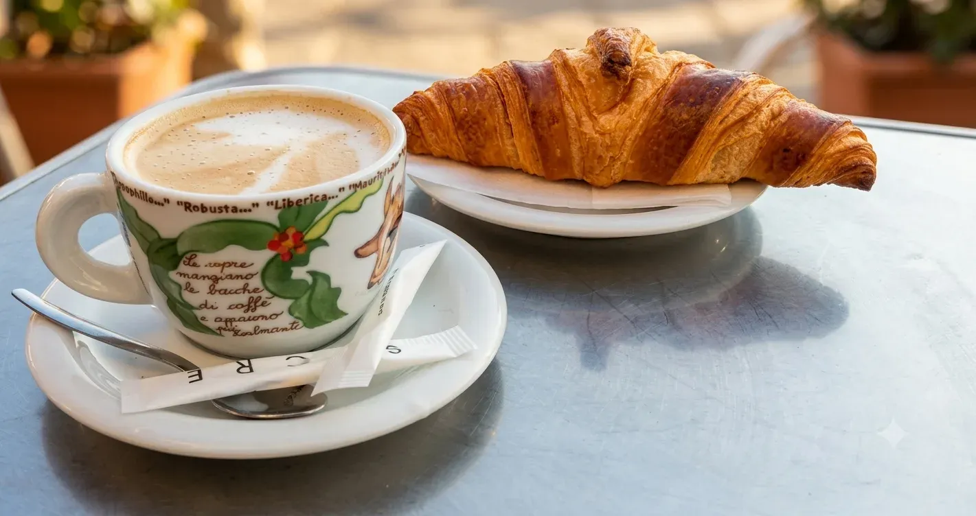 Café crème et croissant servis en terrasse